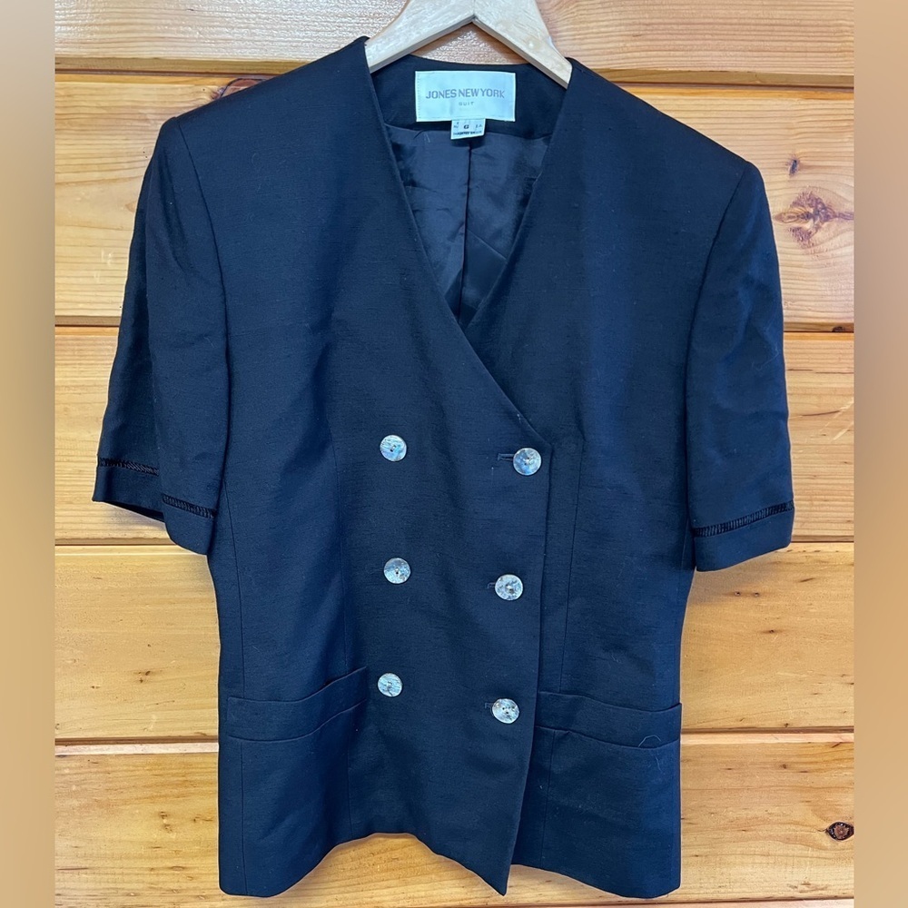 VTG Jones New York Black Short Sleeve W Abalone Shell Double Breasted Blazer 6